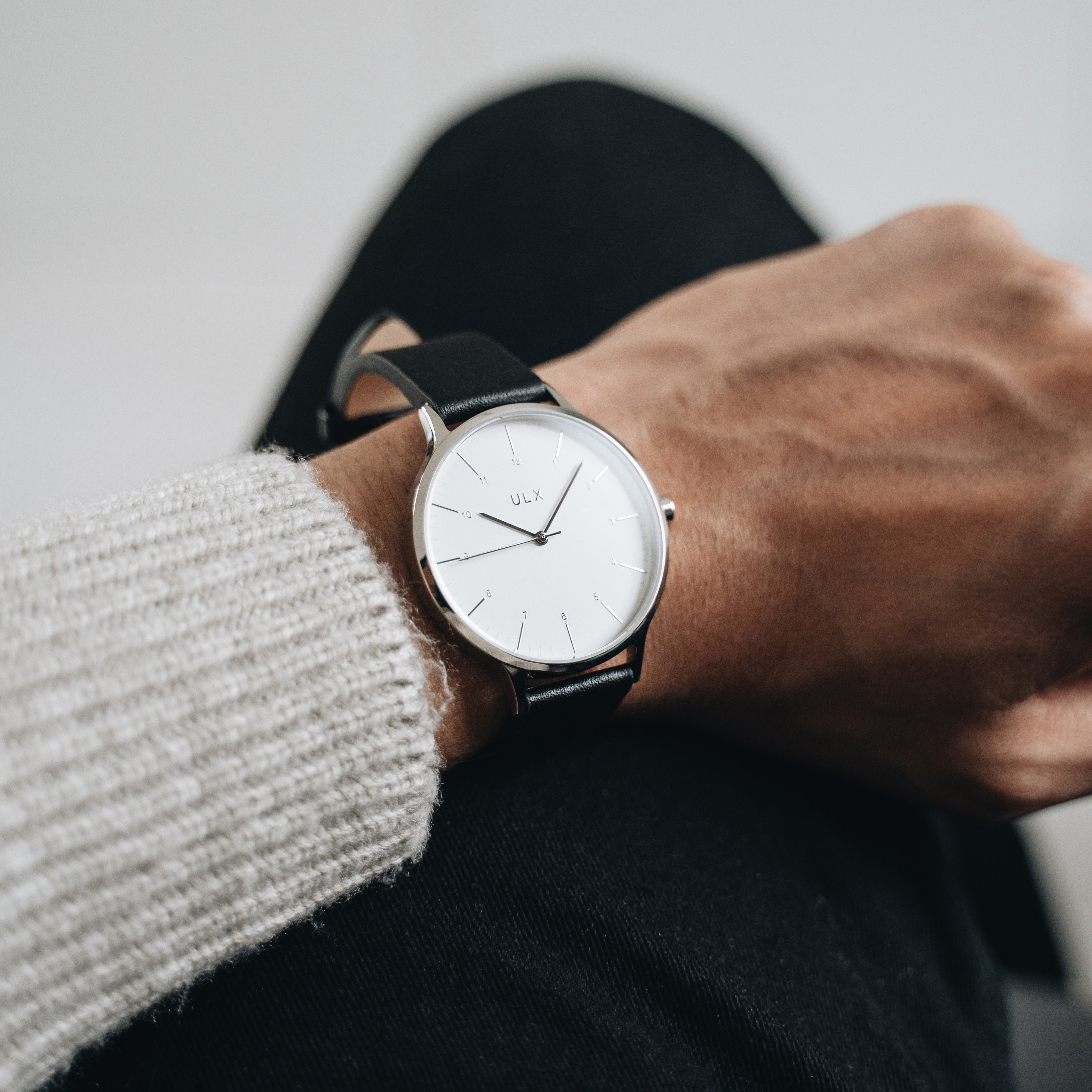 Black leather clearance silver watch